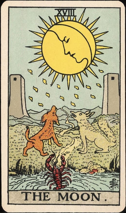 The Moon tarot card from the Rider-Waite-Smith deck
