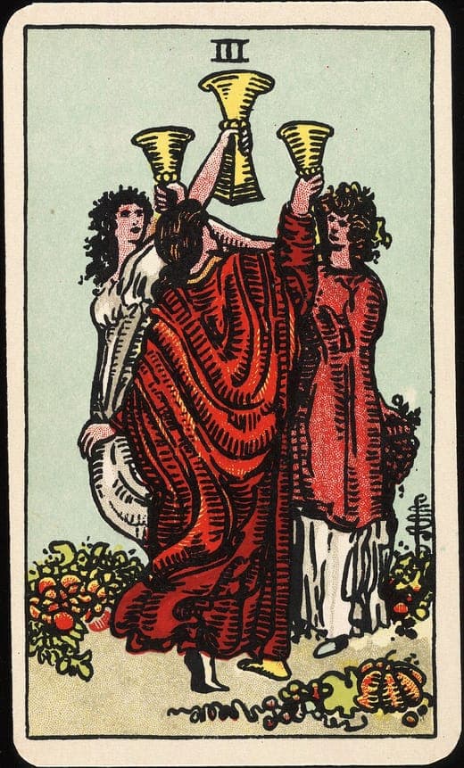 The Three of Cups tarot card from the Rider-Waite-Smith deck